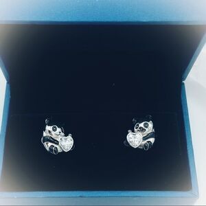 Panda Bear Sterling Silver CZ Heart Stud Earrings